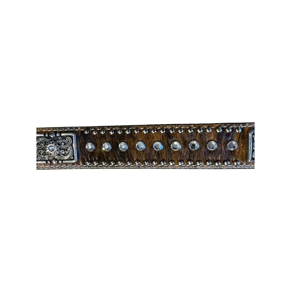 Studded Brown Hair-on Leather Belt with Crystal Accents Size 28 (no buckle)